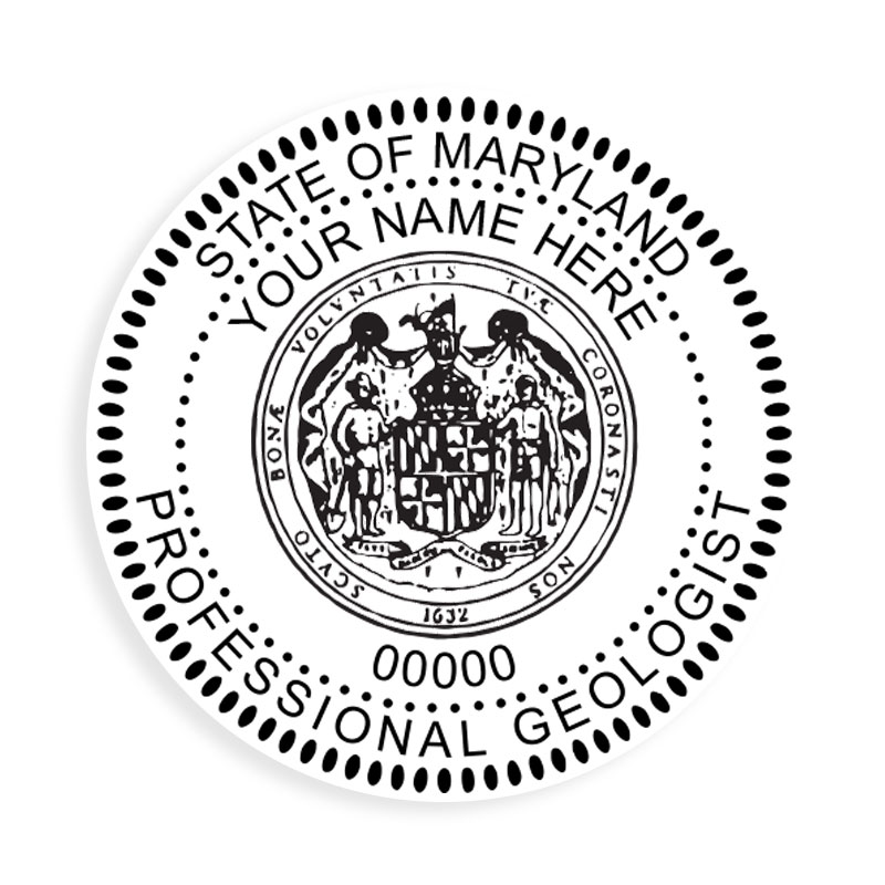 This professional geologist stamp for the state of Maryland adheres to state regulations and provides top quality impressions. Orders over $100 ship free.