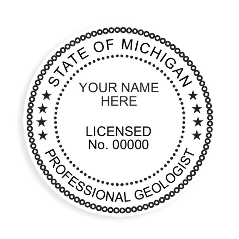 This professional geologist stamp for the state of Michigan adheres to state regulations and provides top quality impressions. Orders over $100 ship free.