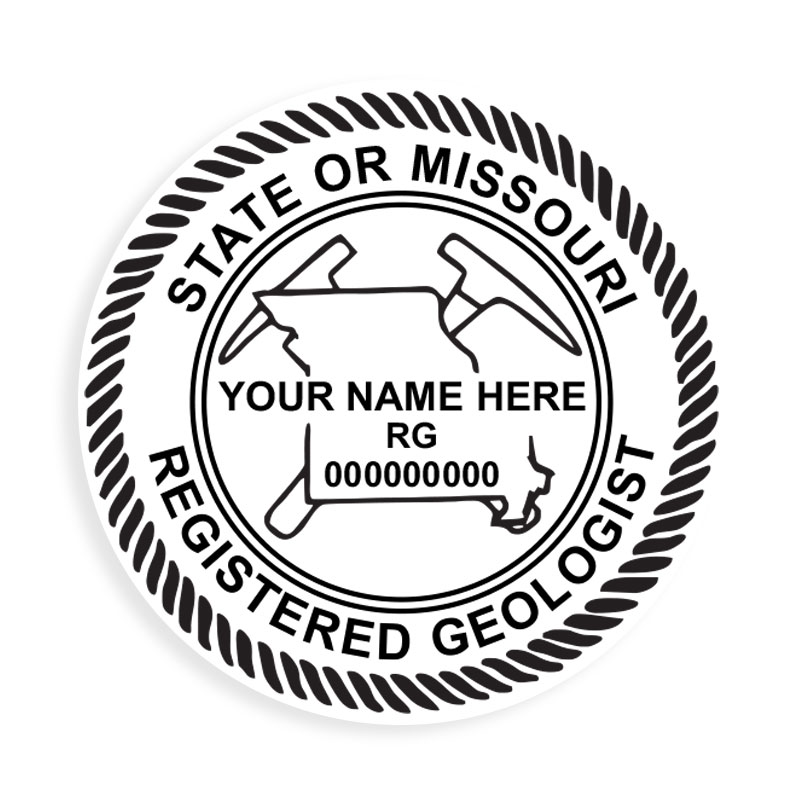 This professional geologist stamp for the state of Missouri adheres to state regulations and provides top quality impressions. Orders over $100 ship free!