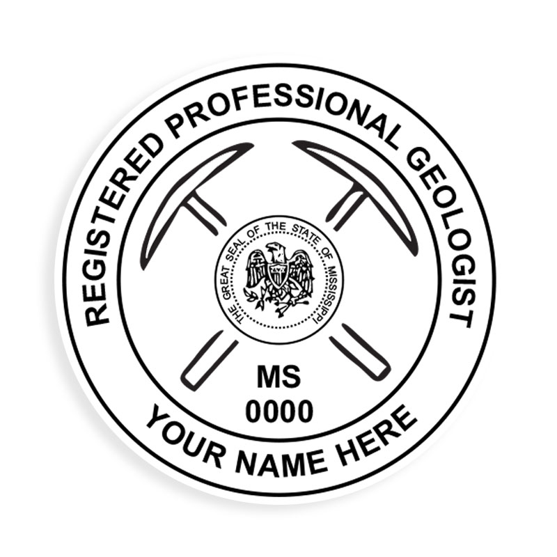 This professional geologist stamp for the state of Mississippi adheres to state regulations and provides top quality impressions. Orders over $100 ship free.