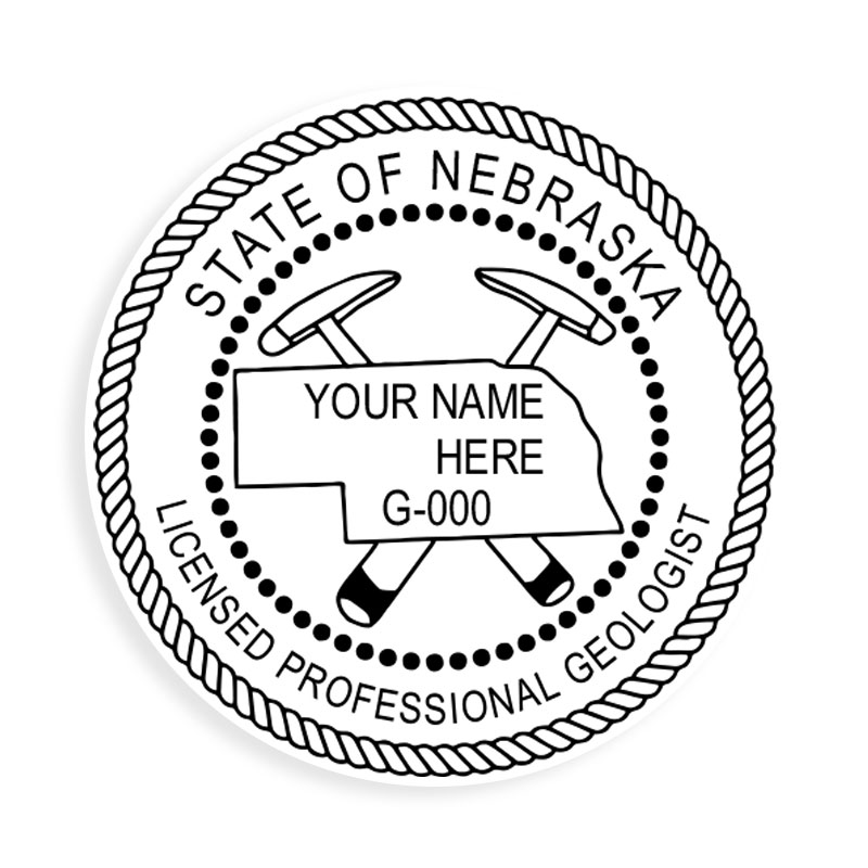 This professional geologist stamp for the state of Nebraska adheres to state regulations and provides top quality impressions. Orders over $100 ship free.