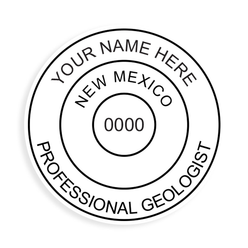 This professional geologist stamp for the state of New Mexico adheres to state regulations and provides top quality impressions. Orders over $100 ship free.