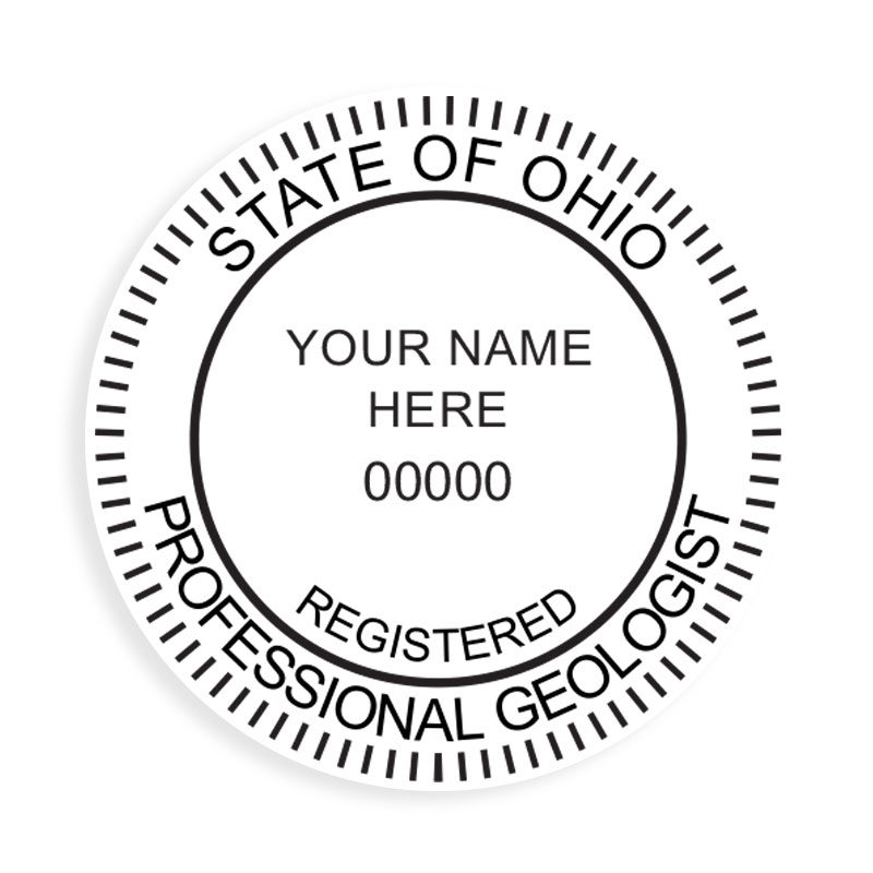 This professional geologist stamp for the state of Ohio adheres to state regulations and provides top quality impressions. Orders over $100 ship free.