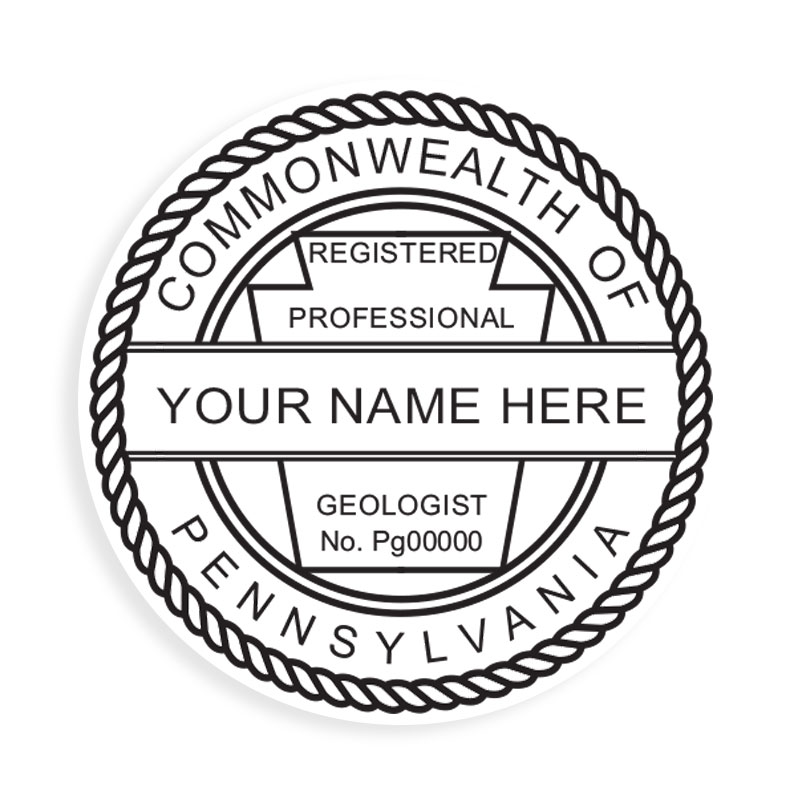 This professional geologist stamp for the state of Pennsylvania adheres to state regulations and provides top quality impressions. Orders over $100 ship free.