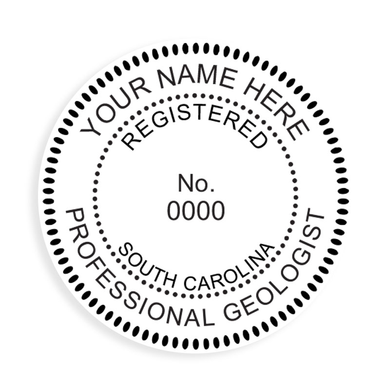 This professional geologist stamp for the state of South Carolina adheres to state regulations and provides top quality impressions. Orders over $100 ship free.