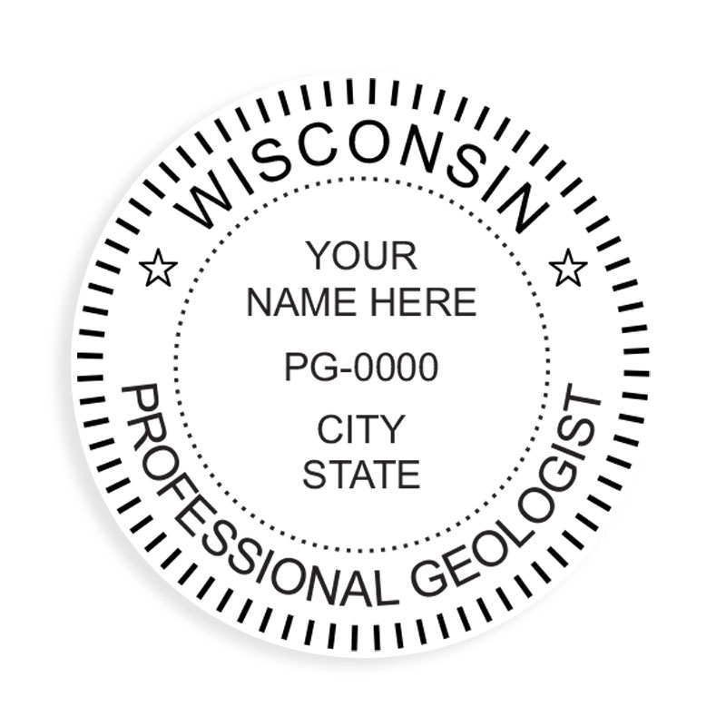 This professional geologist stamp for the state of Wisconsin adheres to state regulations and provides top quality impressions. Orders over $100 ship free.