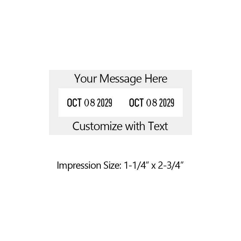 This Shiny Double Dater has character height of 5/32" & impression size 1-1/4" x 2-3/4". Available in 11 ink colors or dry pad option. Free shipping over $75.