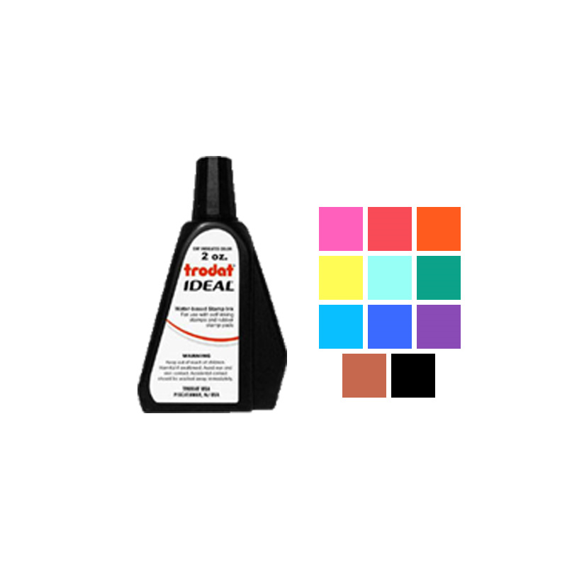 This 2 oz. bottle of ink works on all COLOP, Ideal, Trodat, or Shiny self-inking stamps. Water-based ink in 11 colors to choose from. Orders ship free over $75.