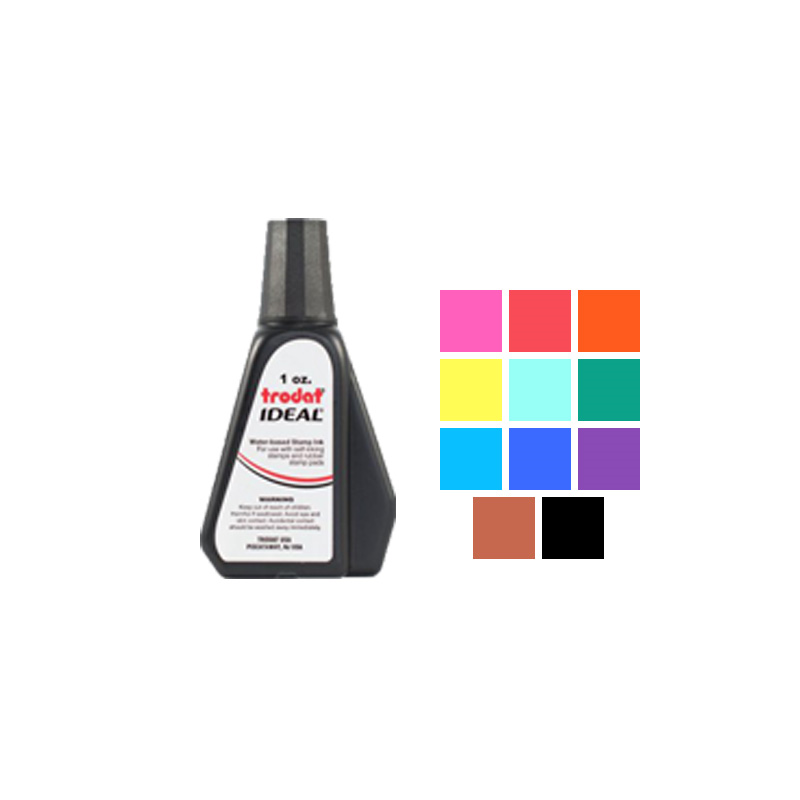 This 1 oz. bottle of ink works on all COLOP, Ideal, Trodat, & Shiny self-inking stamps. Water-based ink in 11 colors to choose from. Orders ship free over $75!