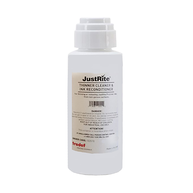 Use this size cleaner to thin JustRite inks, reduce build-up on pads & to remove JustRite ink markings from non-porous surfaces. Comes in 4 bottle size options.