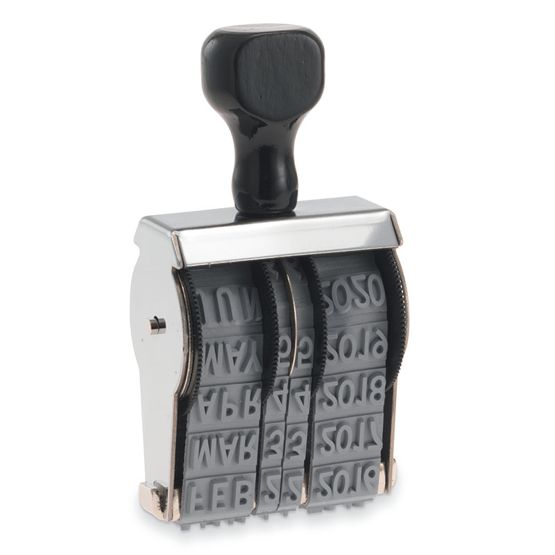 This JustRite non-self-inking dater has a character height of 3/8" & an approx. width of 1-13/20". Stamp pad is sold separately. Orders ship free over $75!