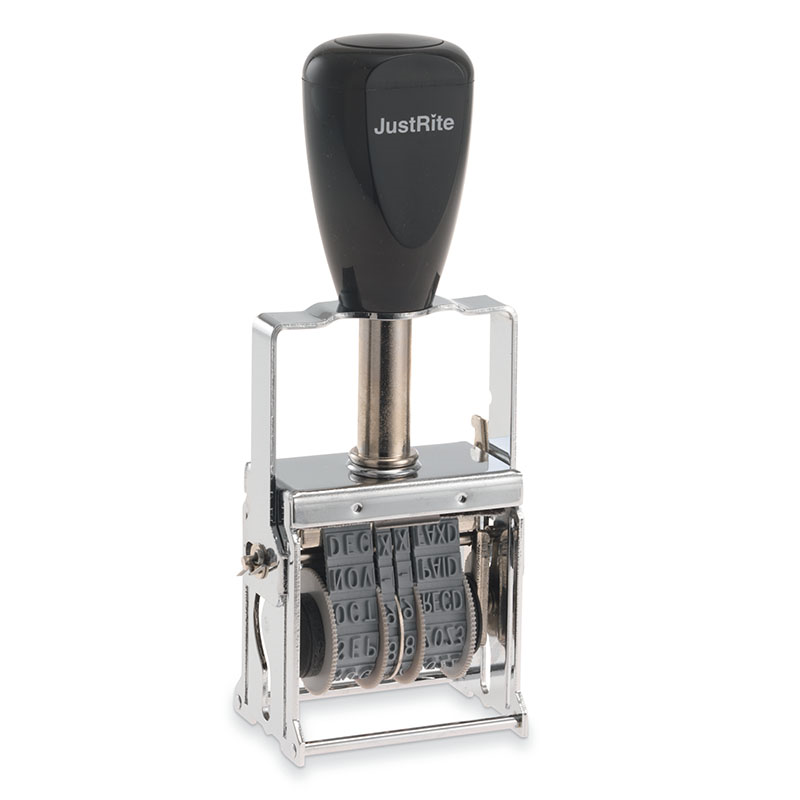 This JustRite self-inking stock dater has a character height of 3/16" w/ an approx. width of 1" & comes in 5 ink color options. Orders ship free over $100!