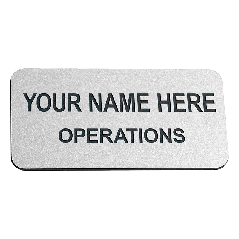 This 1-1/2" x 3" Engraved Name Badge Silver Metal can be customized up to 3 lines. Choose between 3 backings for the finished look. Orders over $75 ship free!