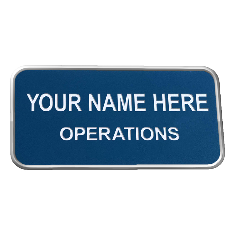 1-1/2" x 3" Engraved Plastic Name Badge w/ Frame can be customized up to 5 lines w/ 26 color combos. Gold, silver or black frame. Orders over $100 ship free!