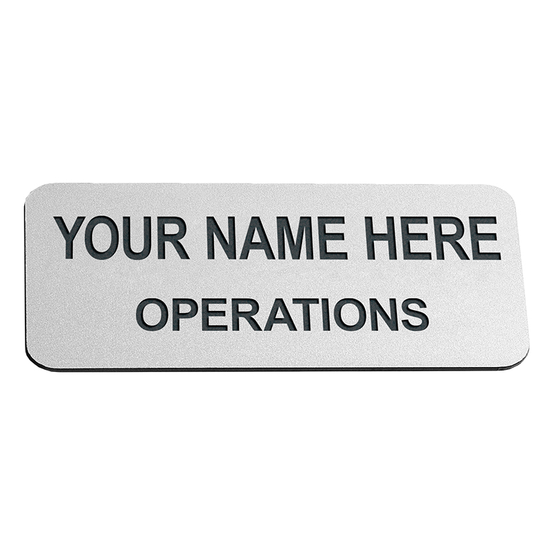 This 1" x 3" Engraved Name Badge Silver Metal can be customized up to 2 lines. Choose between 3 backings for the finished look. Orders over $75 ship free!