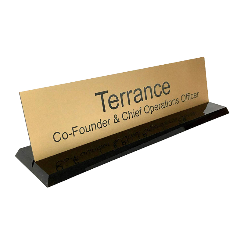 Customize this 2 x 10 engraved desk sign w/ up to 2 lines of text/artwork and choose from 26 colors. Black acrylic base included. Orders over $75 ship free!