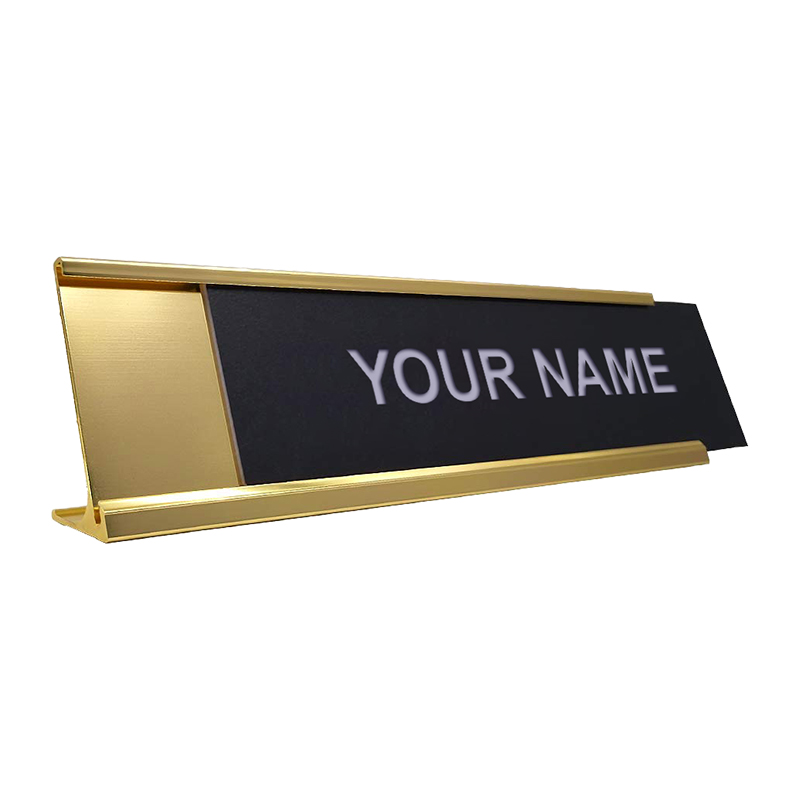 Personalize this 2 x 10 engraved desk sign with up to 2 lines of text/artwork. Gold desk holder included. Available in 26 colors. Orders over $75 ship free!