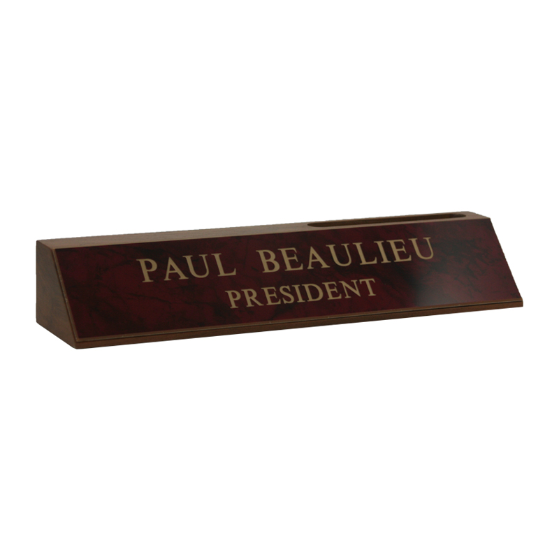 Customize this 2 x 10 desk sign with up to 2 lines of text or artwork. Includes a walnut easel base and choice of 26 colors. Orders over $75 ship free!