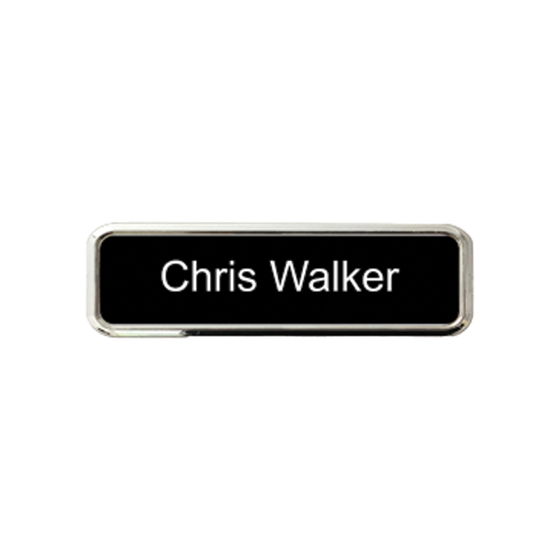 3/4" x 2-1/2" Engraved Plastic Name Badge w/ Frame can be customized up to 2 lines w/ 26 color combos. Gold, silver or black frame. Orders over $100 ship free!