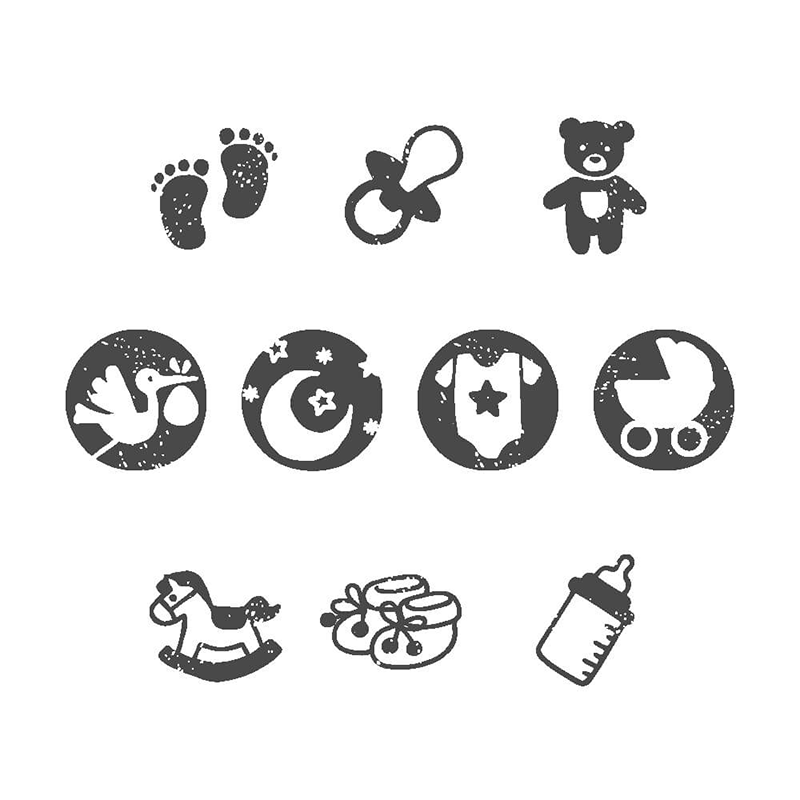5/8" round stamp little NIO baby kit. 10 interchangeable designs. Create thousands of impressions. Ink color is fancy grey. Re-ink easily.