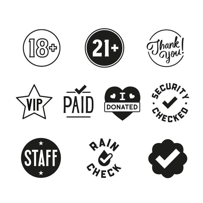 Two 5/8" round stamps little NIO event kit. 10 changeable designs. Create thousands of impressions. Ink colors: fancy grey & UV invisible ink. Re-ink easily.