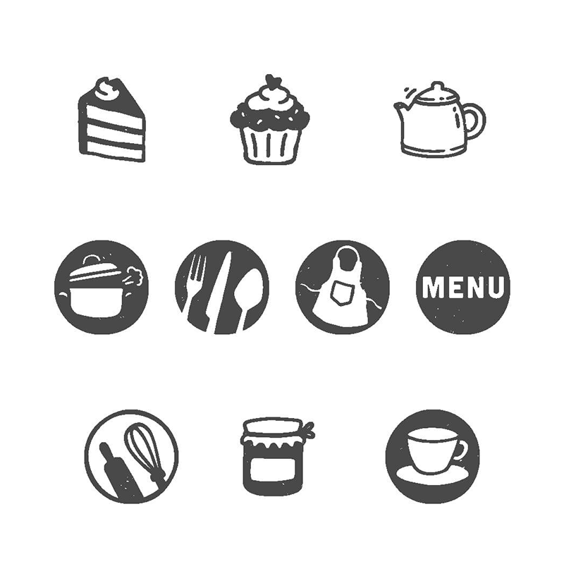 Add a final touch to your yummy goods w/ this 5/8" round stamp. 10 interchangeable designs. Stamp 1,000s of impressions. Ink color is fancy grey. Re-ink easily.