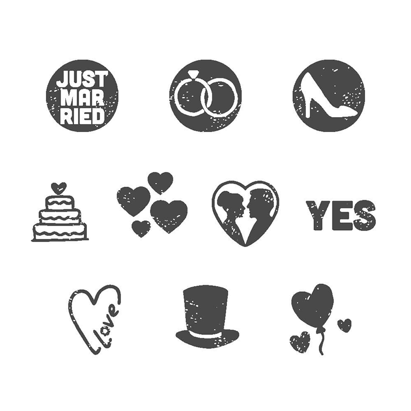 Stamp thousands of impressions w/ this 5/8" round stamp little NIO kit. 10 interchangeable wedding designs. Ink color is fancy grey. Re-ink easily.