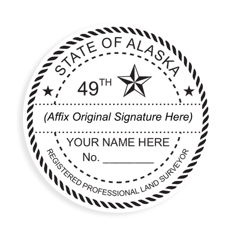 This professional land surveyor stamp for the state of Alaska adheres to state regulations and provides top quality impressions. Orders over $75 ship free.