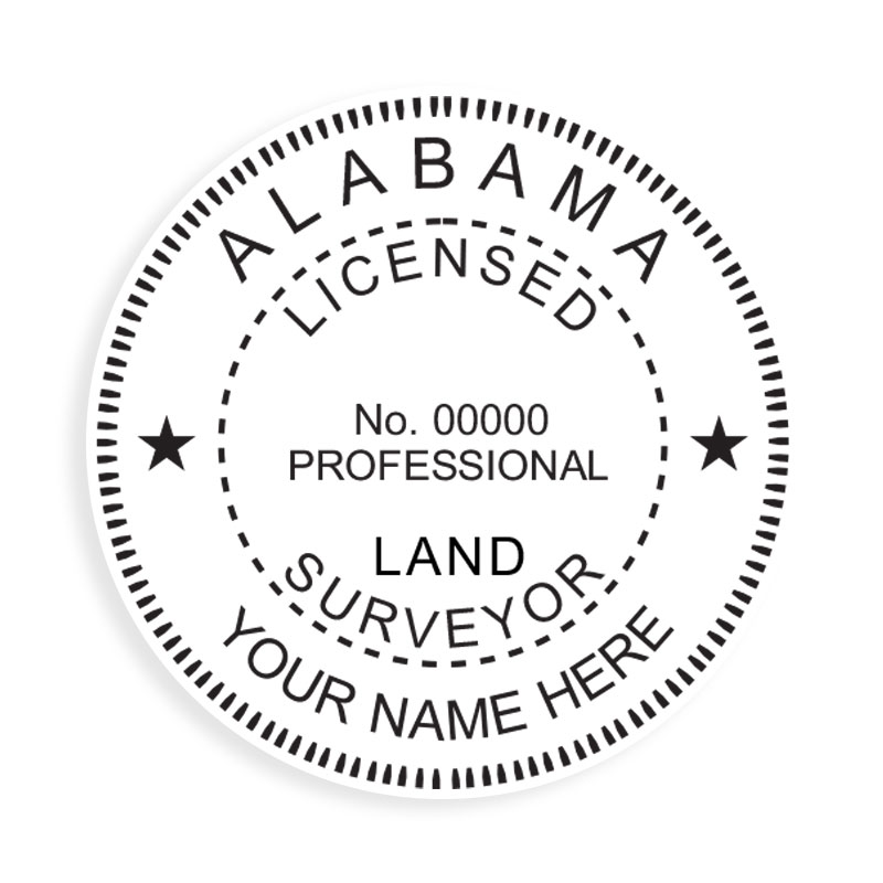 This professional land surveyor stamp for the state of Alabama adheres to state regulations and provides top quality impressions. Orders over $75 ship free.