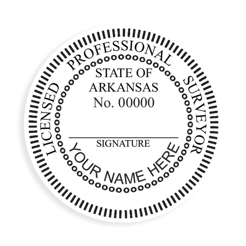 This professional land surveyor stamp for the state of Arkansas adheres to state regulations and provides top quality impressions. Orders over $75 ship free.