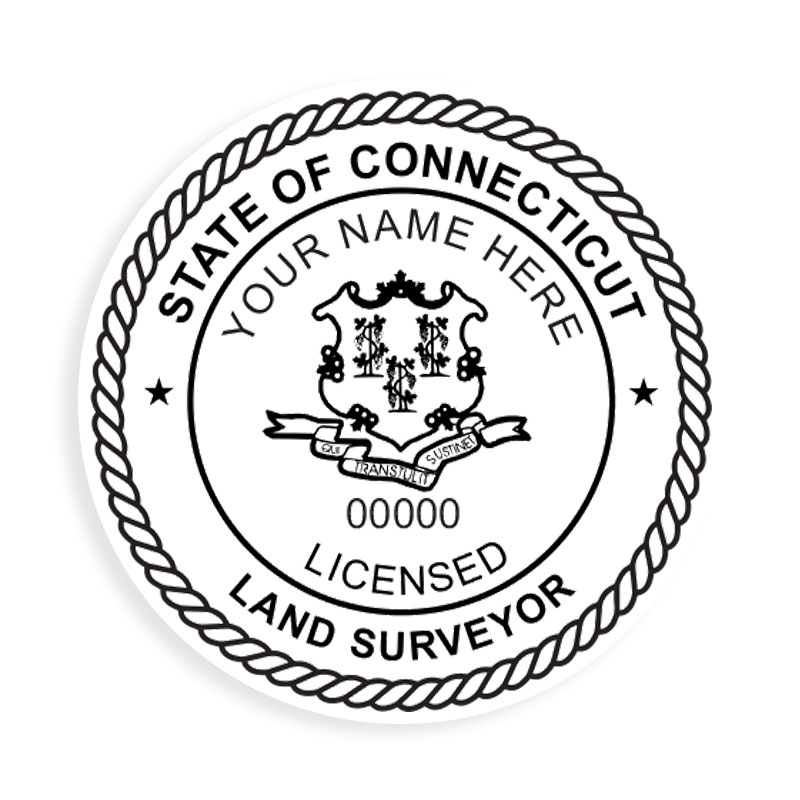 This professional land surveyor stamp for the state of Connecticut adheres to state regulations and provides top quality impressions. Orders over $75 ship free.