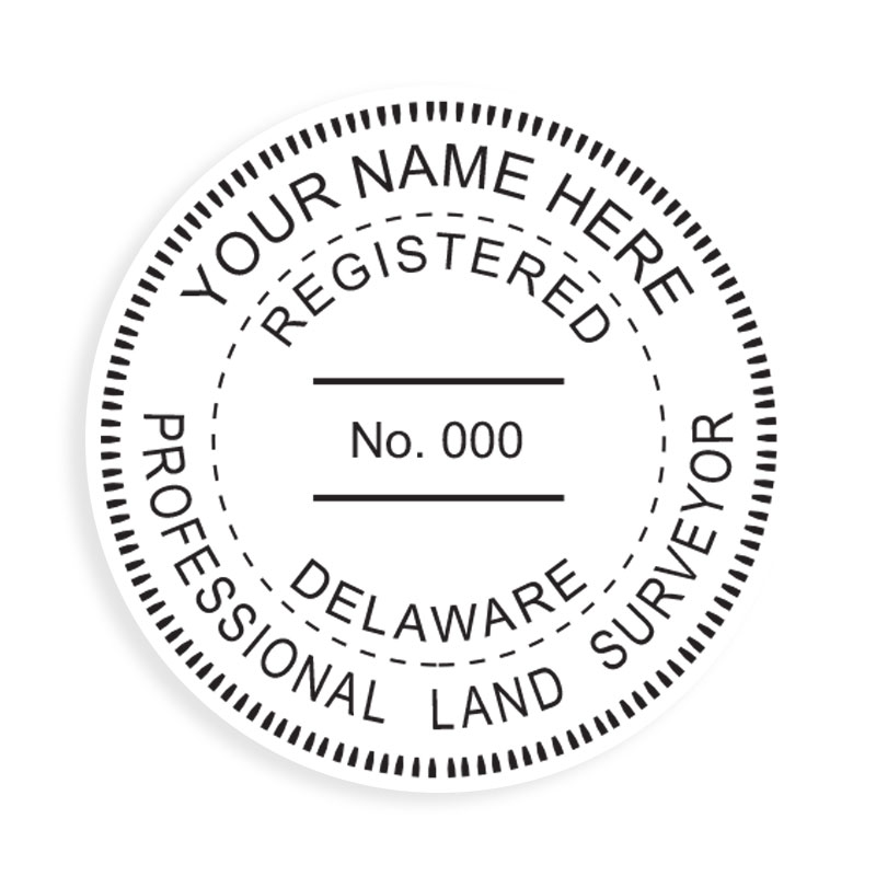 This professional land surveyor stamp for the state of Delaware adheres to state regulations and provides top quality impressions. Orders over $75 ship free.