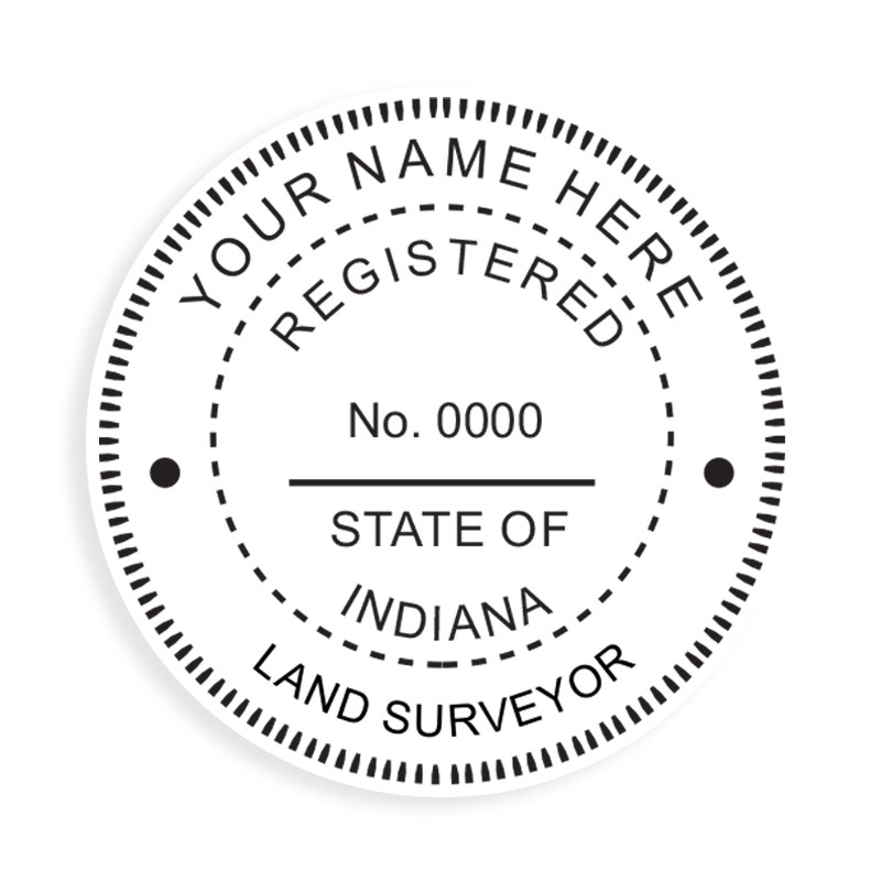 This professional land surveyor stamp for the state of Indiana adheres to state regulations and provides top quality impressions. Orders over $100 ship free.