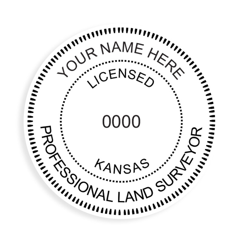 This professional land surveyor stamp for the state of Kansas adheres to state regulations and provides top quality impressions. Orders over $100 ship free.