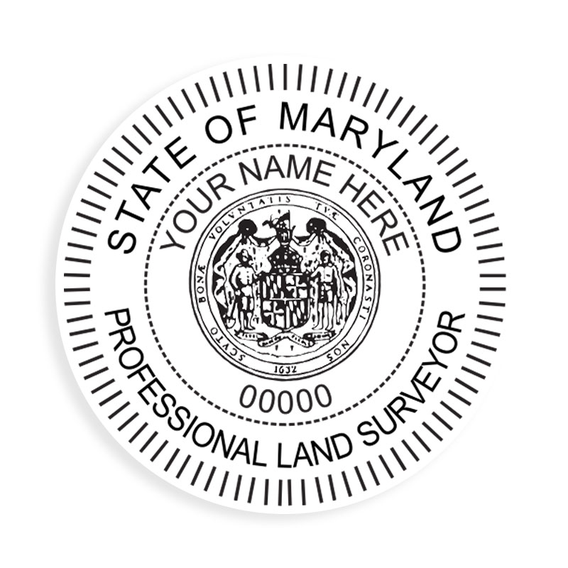 This professional land surveyor stamp for the state of Maryland adheres to state regulations and provides top quality impressions. Orders over $75 ship free.