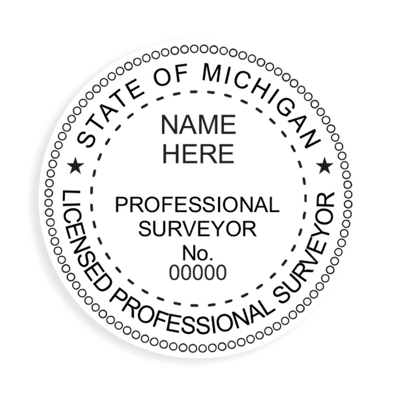 This professional land surveyor stamp for the state of Michigan adheres to state regulations and provides top quality impressions. Orders over $100 ship free.