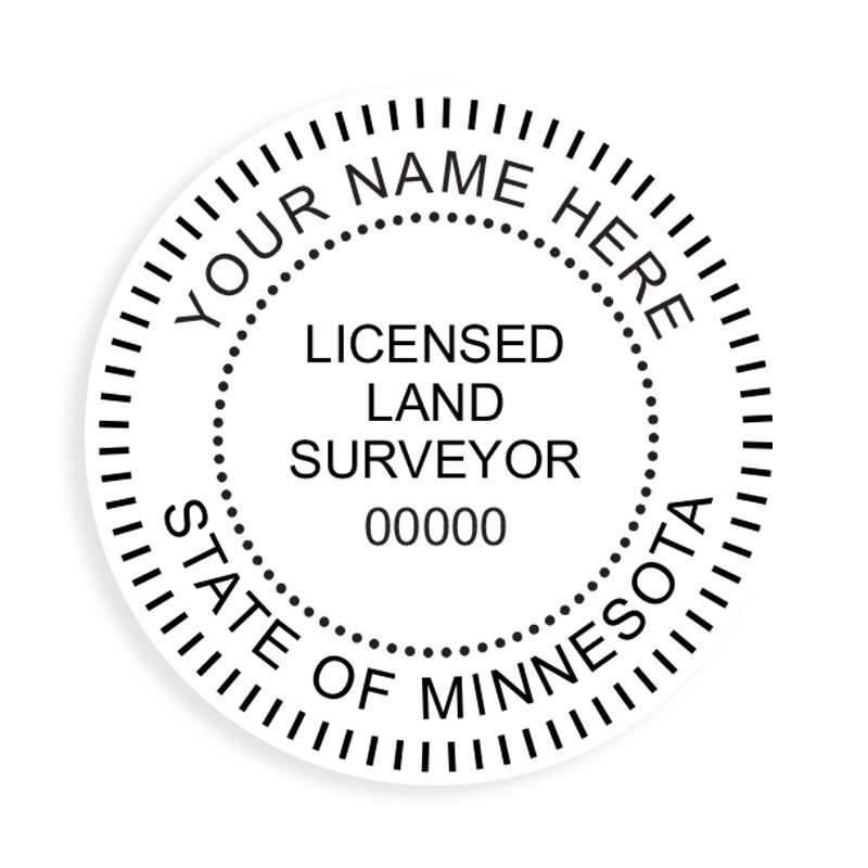 This professional land surveyor stamp for the state of Minnesota adheres to state regulations and provides top quality impressions. Orders over $75 ship free.