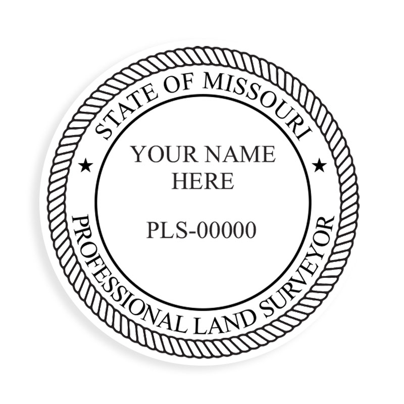 This professional land surveyor stamp for the state of Missouri adheres to state regulations and provides top quality impressions. Orders ship free over $75.