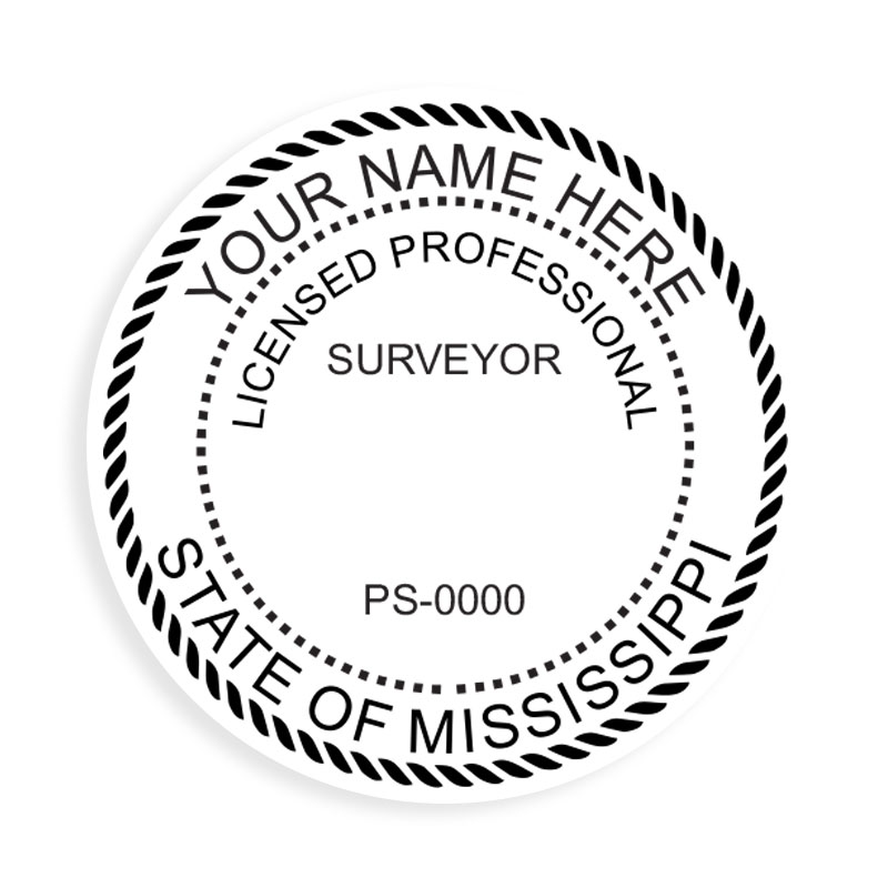 This professional land surveyor stamp for the state of Mississippi adheres to state regulations and provides top quality impressions. Orders over $75 ship free.