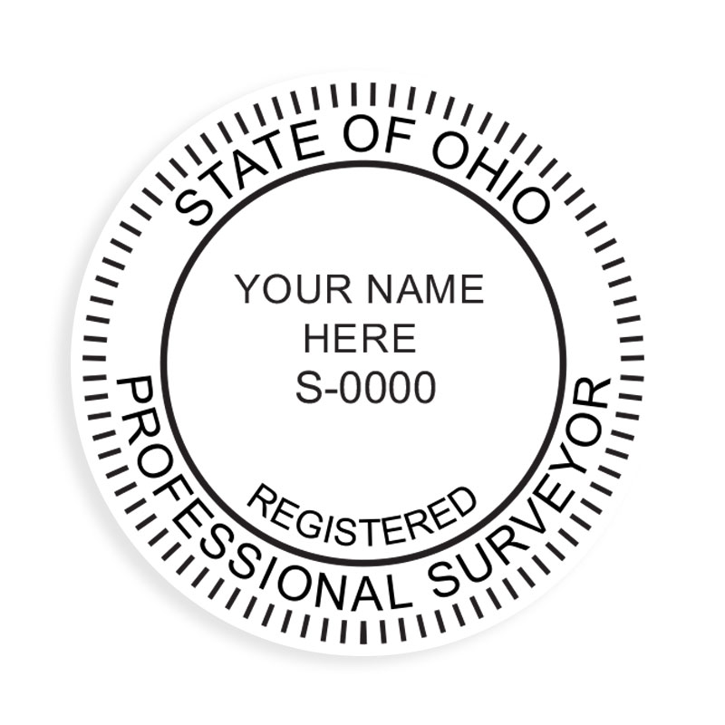 This professional land surveyor stamp for the state of Ohio adheres to state regulations and provides top quality impressions. Orders ship free over $75.