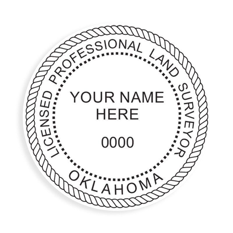 This professional land surveyor stamp for the state of Oklahoma adheres to state regulations and provides top quality impressions. Orders over $75 ship free.