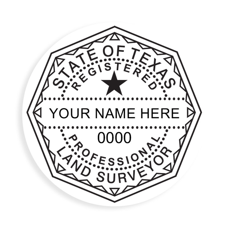 This professional land surveyor stamp for the state of Texas adheres to state regulations and provides top quality impressions. Orders ship free over $75.