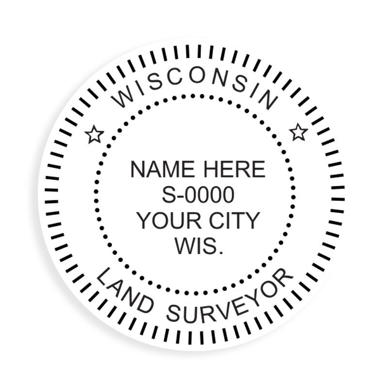 This professional land surveyor stamp for the state of Wisconsin adheres to state regulations and provides top quality impressions. Orders over $75 ship free.