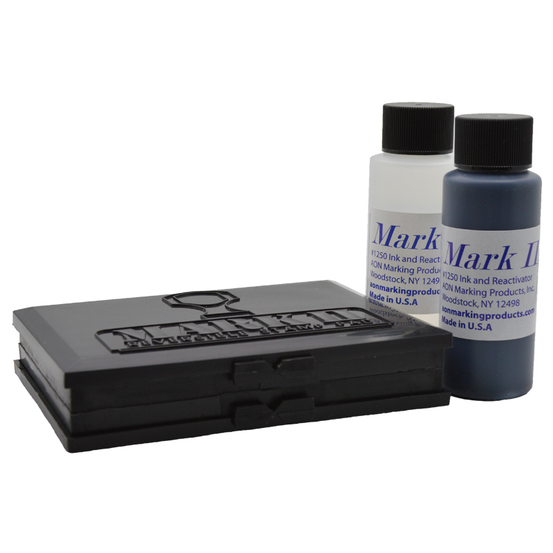 MARK II fast dry ink kit comes w/ ink pad, reactivator & ink (choose between 4 colors). Marks various non-absorbent surfaces & USDA approved!