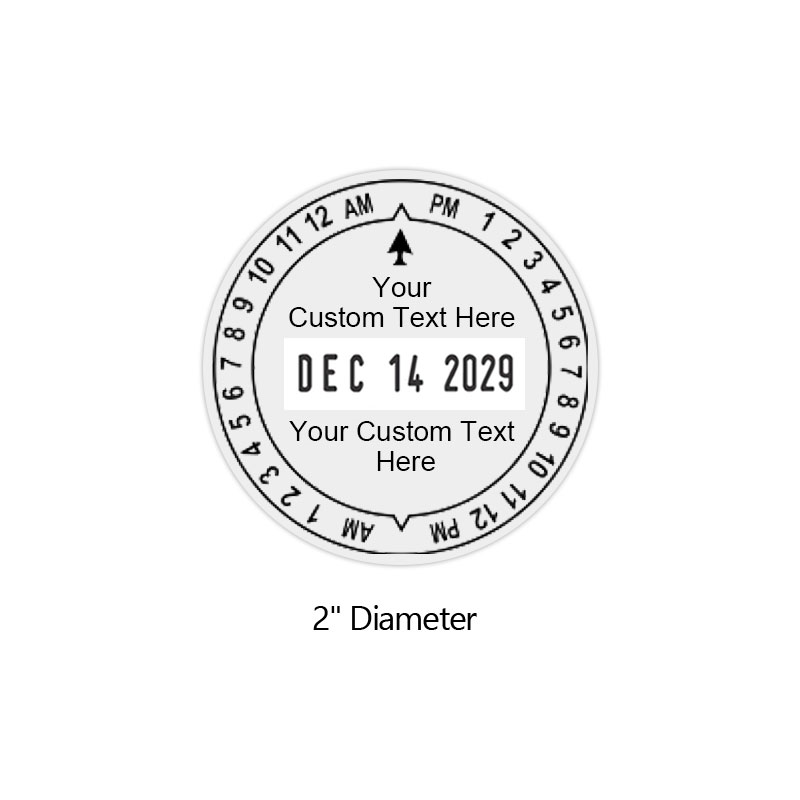 Personalize this Xstamper 12-hour pre-inked date & time stamp with your own custom text! Impression is 1-5/8" in diameter. Orders over $75 ship free!