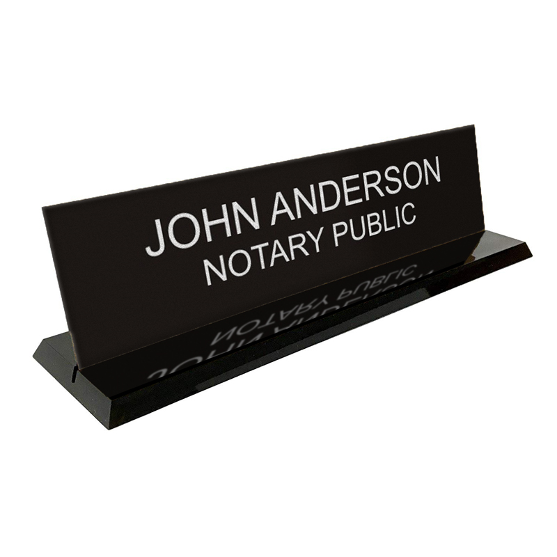 This custom notary desk sign is 2" x 8" with two customizable lines of text. Available in 5 plate and 2 base colors. Orders over $75 ship free!