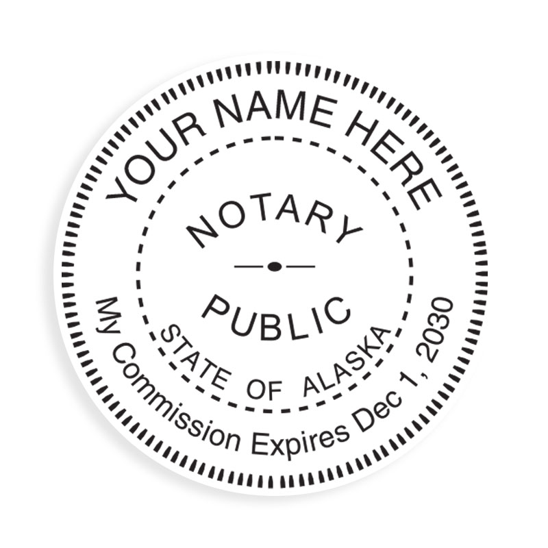 This notary public round stamp for the state of Alaska meets all state requirements & features custom fields for name & expiration. Orders over $75 ship free!