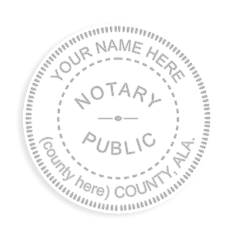 This notary public embosser for the state of Alabama adheres to state regulations and features a custom field for county. Orders over $75 ship free!