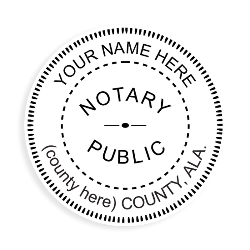 This notary public round stamp for the state of Alabama adheres to state regulations and features a custom field for county. Orders over $75 ship free!