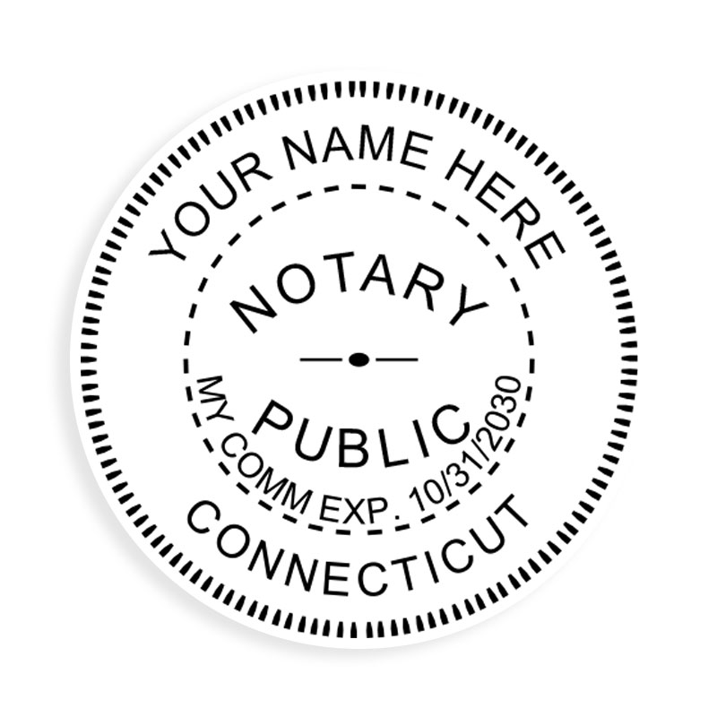 This notary public round stamp for the state of Connecticut adheres to state regulations and features a custom field for county. Orders over $100 ship free!